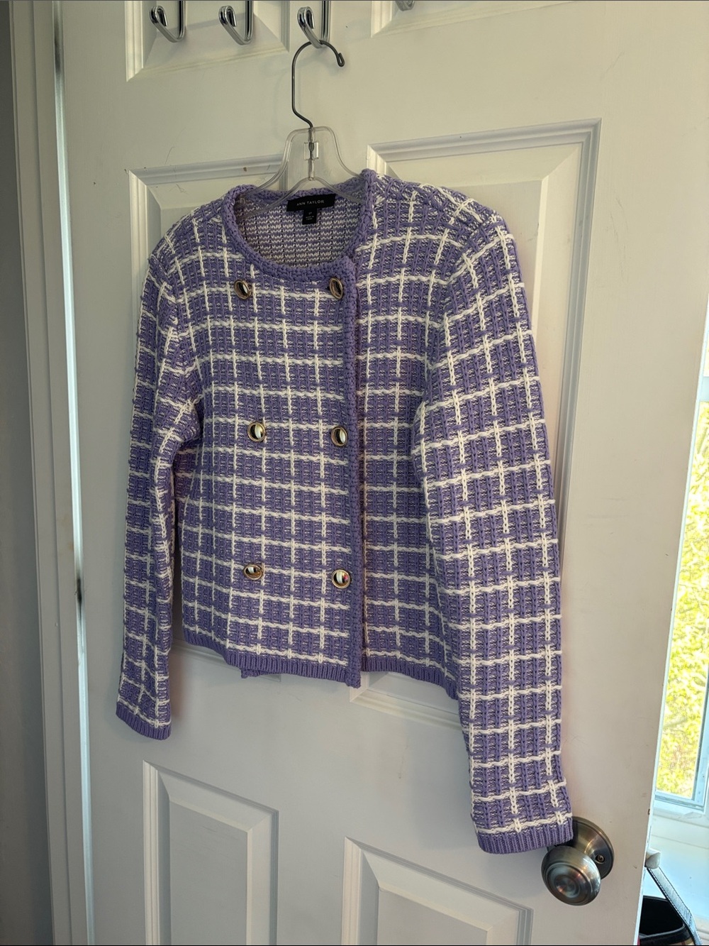 Ann Taylor Stylish Lavender Plaid Double-Breasted Knit Jacket